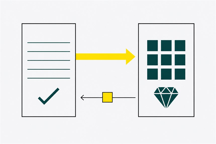 Two panels joined by a yellow arrow, with a small coin returning along a thinner arrow beneath.