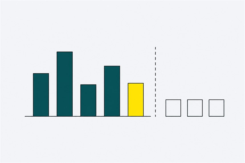 Five bars of a simple chart on the left of a dashed line, three empty boxes on the right of it.