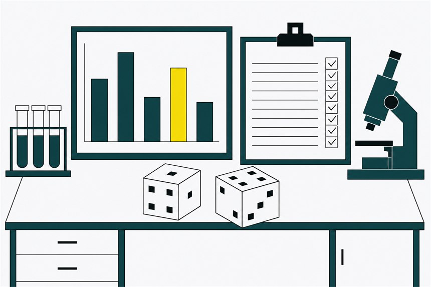 A testing bench with a bar chart on a monitor, a clipboard of ticked checks, dice and a microscope.