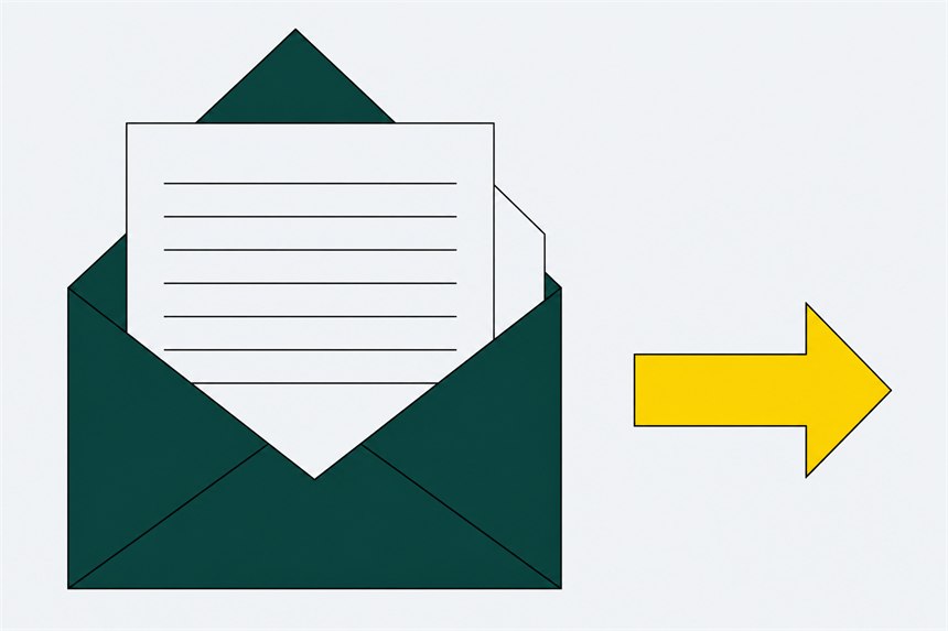 An open envelope with a letter inside, next to a yellow arrow pointing right.