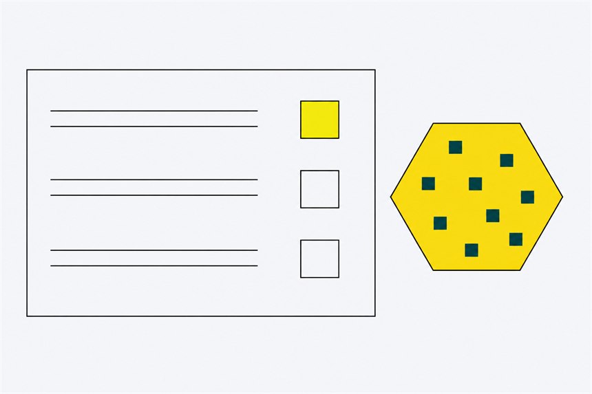 A consent panel with two square toggles beside a hexagonal biscuit shape.