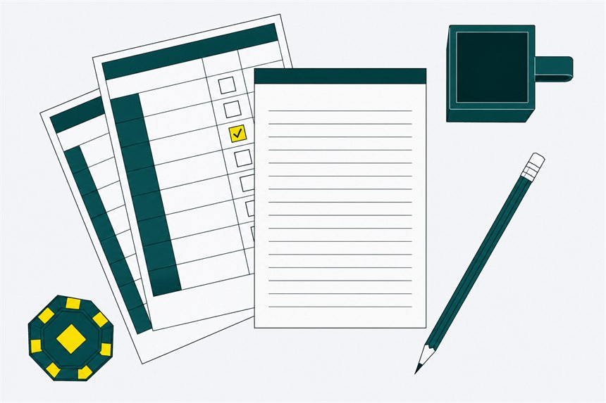 Overhead view of a notepad, printed comparison sheets with a ticked column, a pencil and a casino chip.