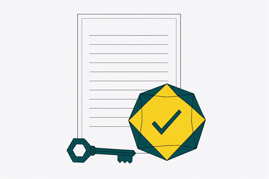A licence document beside a faceted seal marked with a tick, and a key.