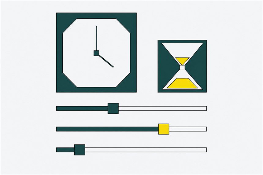 A square clock and hourglass above three slider controls set at different positions.