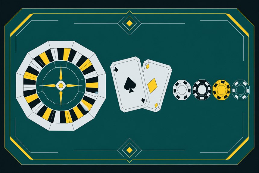 Overhead view of a live casino table with a roulette wheel, two playing cards and a row of chips.