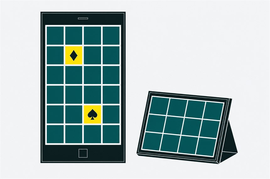 A phone showing a grid of game tiles beside a smaller angled screen.