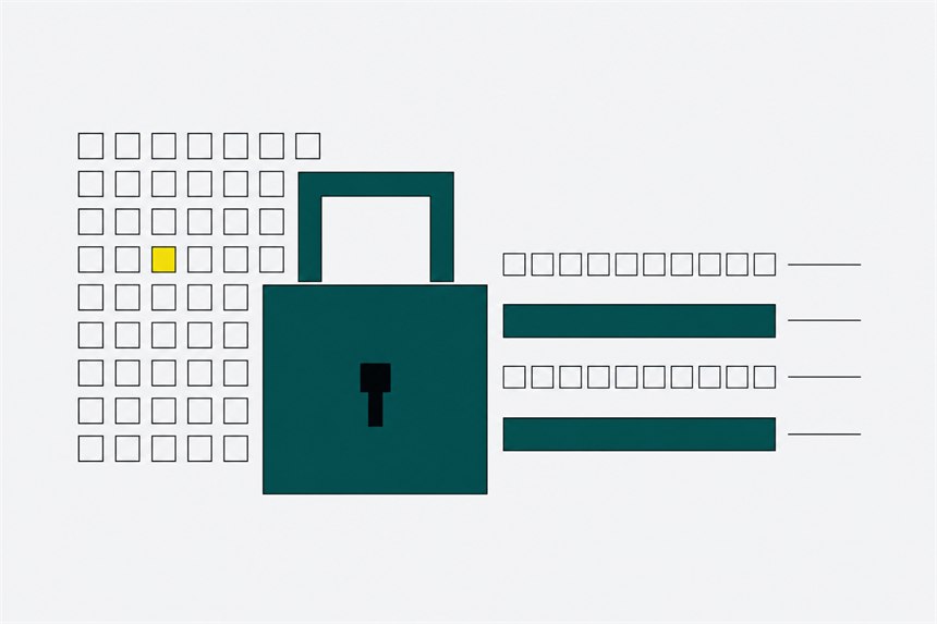 A squared padlock in front of a grid of small data squares with two masked rows.