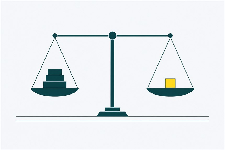 A level pair of scales, a stack of blocks on one pan and a single marked block on the other.