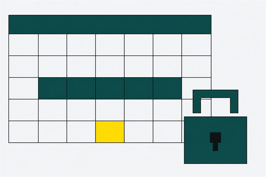 A calendar grid with a block of dates filled in and a squared-off padlock across the corner.