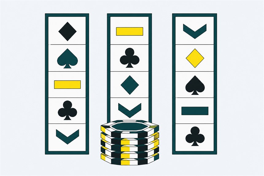 Three slot reels showing card-suit symbols beside a stack of casino chips.