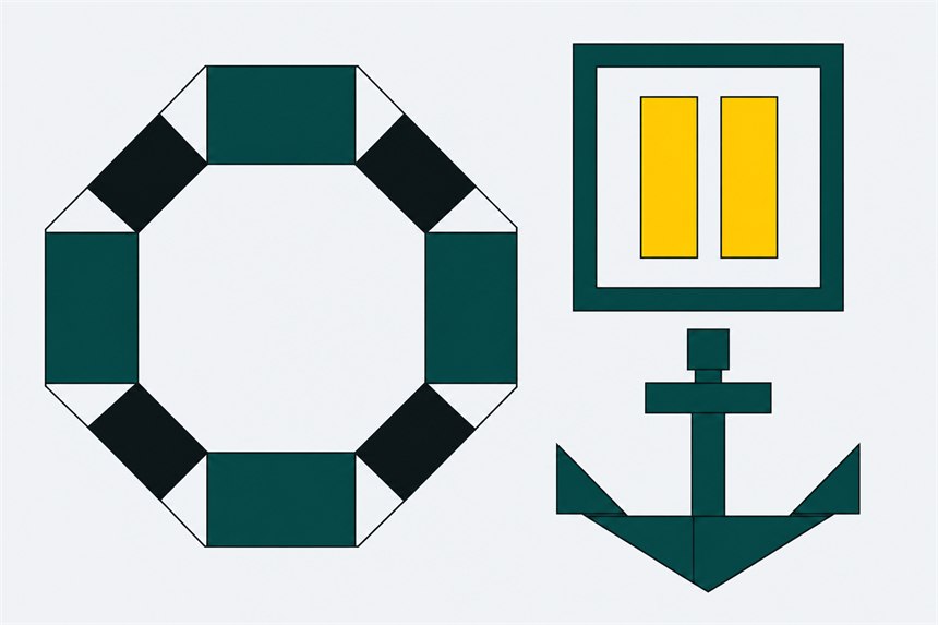 An octagonal life ring beside a pause symbol in a square frame and an anchor.