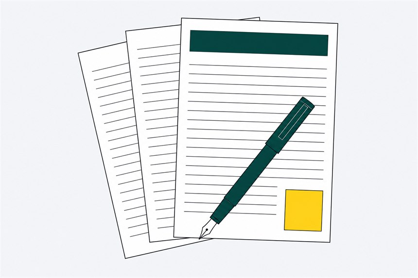Three fanned document sheets with a fountain pen and a signature block.