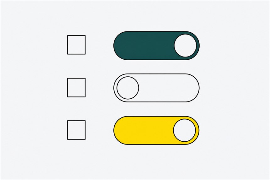 Three switches, one on in teal, one off, one on in yellow, beside a column of empty boxes.
