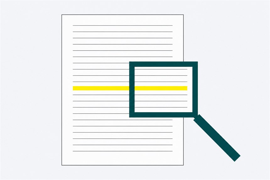 A terms document with one line highlighted and a square magnifier held over it.
